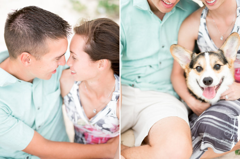 Honolulu Couples Photographer | Couple on Oahu beach with Corkie dog