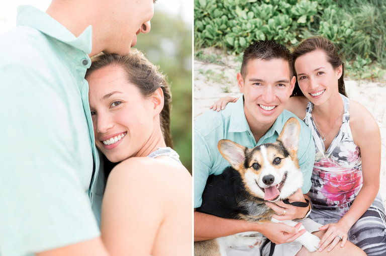 Oahu Photographer | Couple hugging on beach and with dog